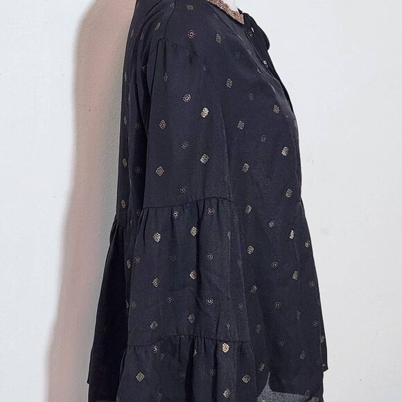 Altar'd State Black and Gold Full Sleeve Boho Blouse Size XS Black Sheer Blouse - Picture 7 of 11